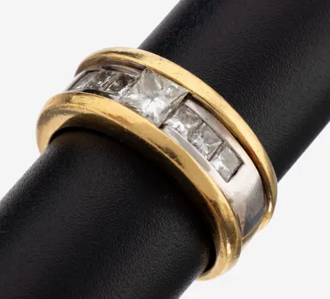 Bague diamant or 18 ct, or jaune/blanc 750/000, 7 diamants Princess Cut env. 1,20 ct