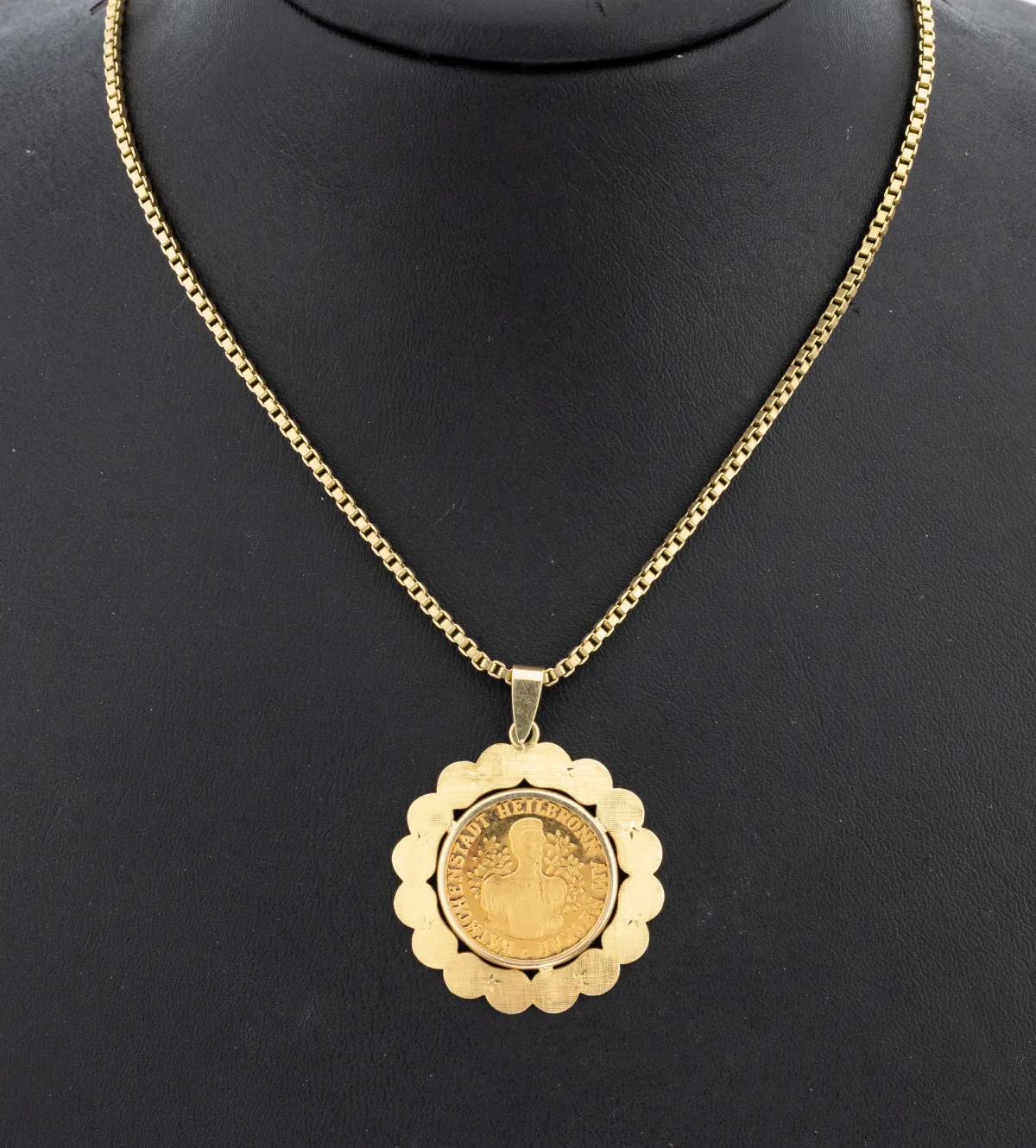 Pendentif médaille en or 14 kt, or 585/000, médaille sertie mobile, or 900/000