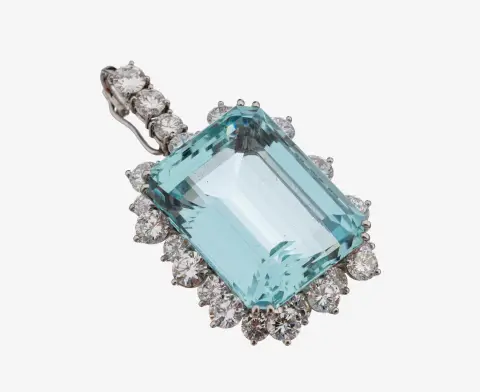 Pendentif clip en or 18 ct avec aigue-marine et diamant, or blanc 750/000 poinçonné, aigue-marine en