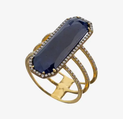 Bague saphir-brillant en or 18 ct, or 750/000 poinçonné, design inhabituel, facett