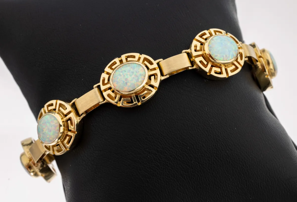 14 kt gold colored stone bracelet, 585/000 gold, oval links meander pattern, 7 oval