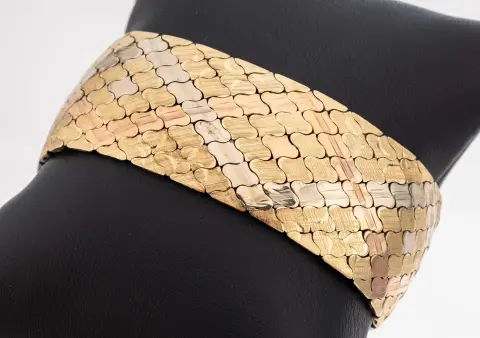 Bracelet en or 14 ct, or jaune/blanc/rose 585/000, satiné et poli, largeur env. 2,5 cm, fermoir boîte avec 2