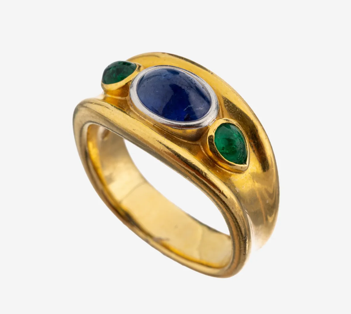 18 kt gouden saffier-smaragd ring, geel/witgoud 750/000, kwaliteitsvolle afwerking, ovale in