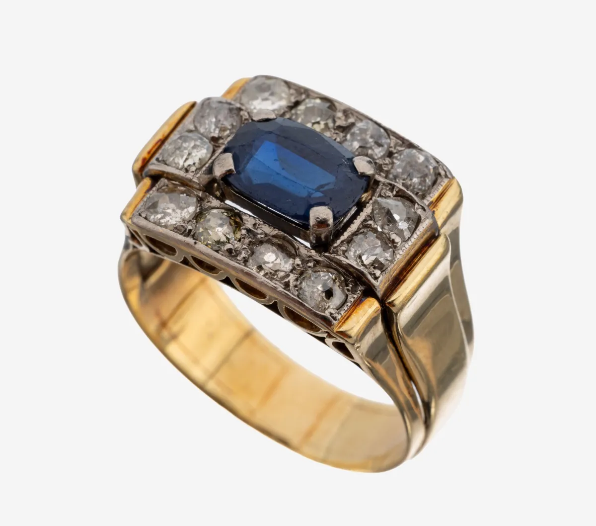 14 kt gouden saffier diamant ring, jaren 1930-40, GG/WG 585/000, verhoogd midden