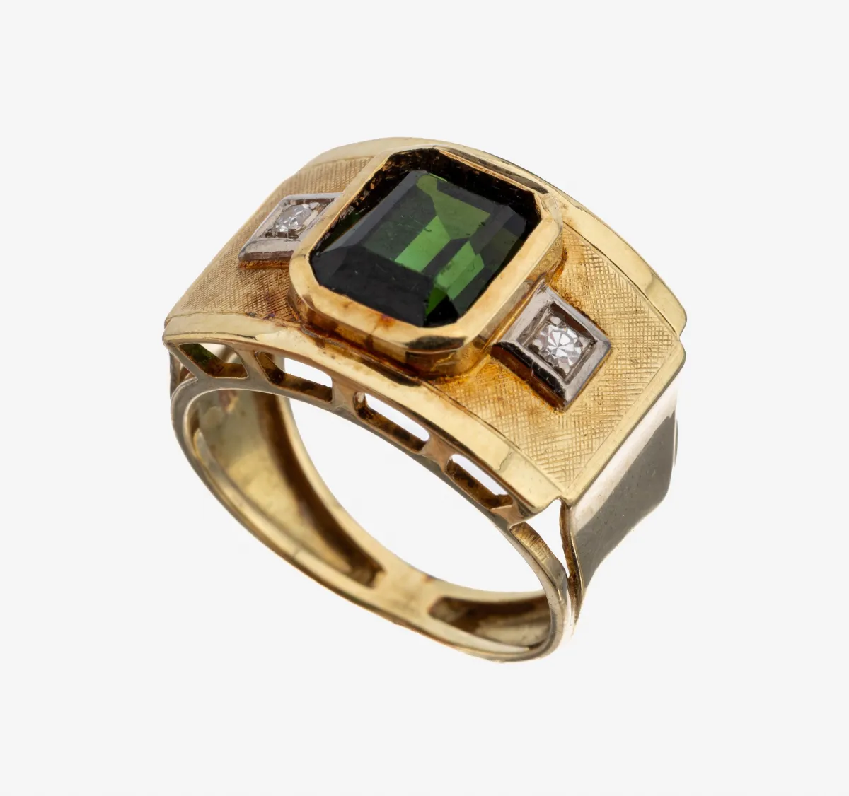 14 kt Gold Turmalin-Diamant-Ring, 1950er Jahre, GG 585/00, part. sat., mittig Turmalin