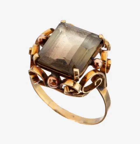 Bague en or 14 kt avec quartz fumé, Autriche/Vienne, années 1950, or 585/000, quartz fumé en