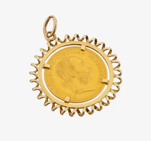 Pendentif pièce en or 14 kt, or 585/1000, pièce d'or sertie mobile, 1 ducat, Autriche