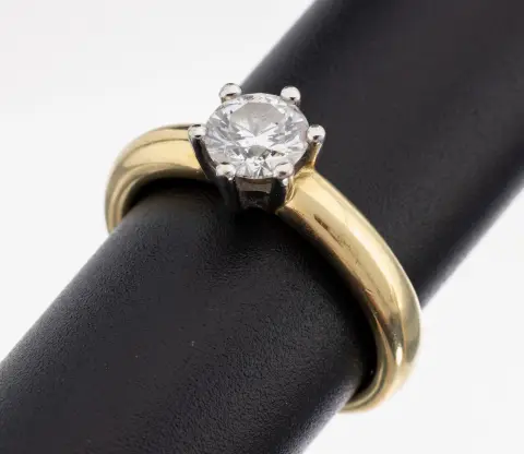 14 kt goud diamanten ring, geel/wit goud 585/000, diamant ca. 0,75 ct wit/p, maat 53, ca. 5,3 g