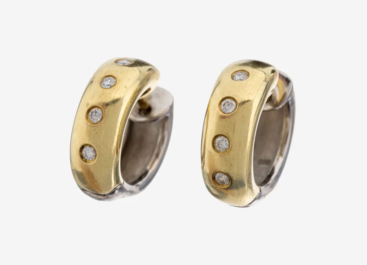 Paire de créoles diamant en or 14 kt, or jaune/blanc 585/000, fabrication lourde, 8 en or jaune