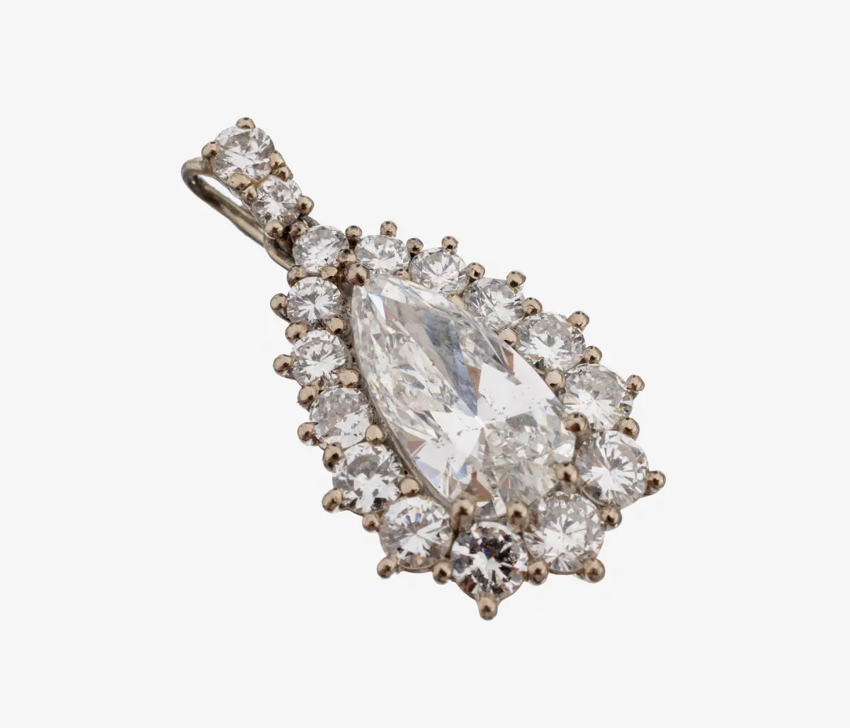 18 kt gouden diamanten hanger, witgoud 750/000, centraal diamant druppel ca. 1,25 ct fijn