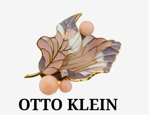 18 kt gouden OTTO KLEIN email-koraal-briljant broche, geelgoud 750/000, kwaliteitsvol