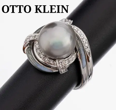 18 kt gouden OTTO KLEIN parel-briljant-emaille ring, witgoud 750/000, hoogwaardige