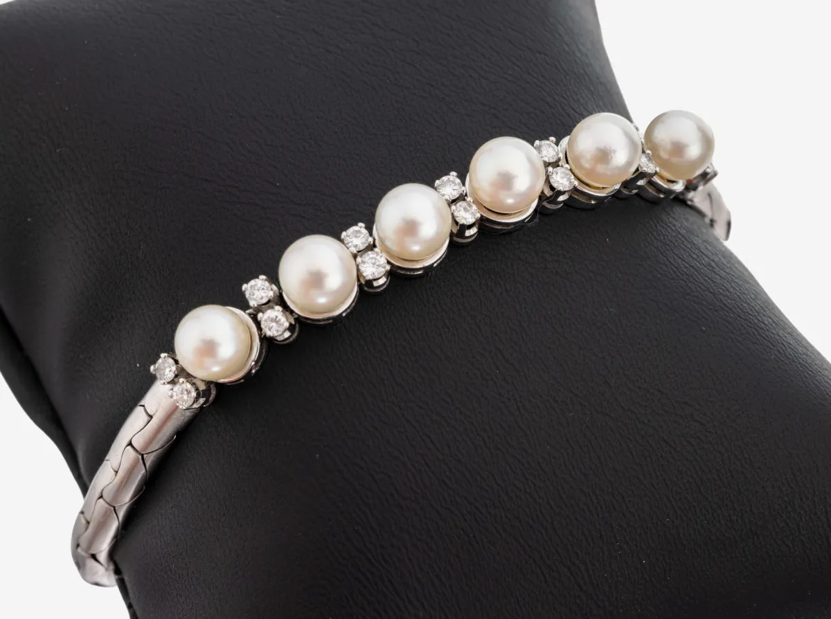 Bracelet perles et diamants en or 18 kt, or blanc 750/000, fabrication de qualité, 6