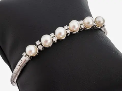 18 kt gouden parel-diamanten armband, witgoud 750/000, hoogwaardige afwerking, 6