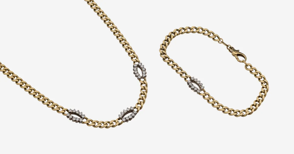 14 kt goud diamanten sieradenset, geel/witgoud 585/000, bestaande uit: collier, L. ca. 43 cm, 3