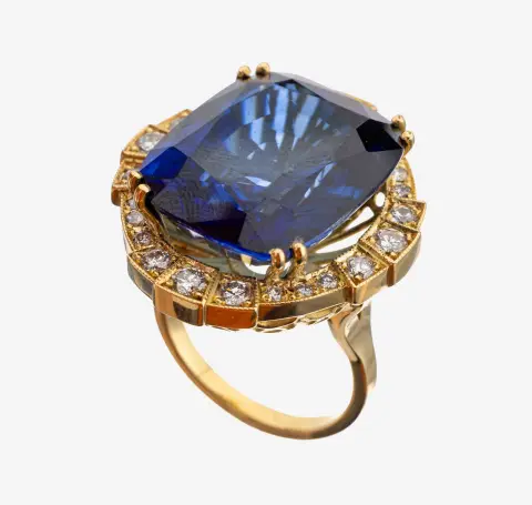 Bague or 18 ct saphir-brillant, or jaune 750/000, saphir facetté env. 43,50 ct (endommagé), 24