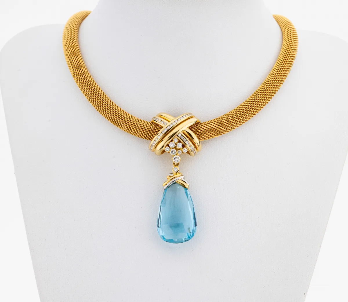 Collier or 18 ct brillant-aigue-marine, or jaune/blanc 750/000, pièce unique d'un