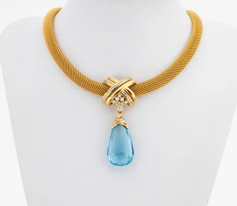 Collier or 18 ct brillant-aigue-marine, or jaune/blanc 750/000, pièce unique d'un