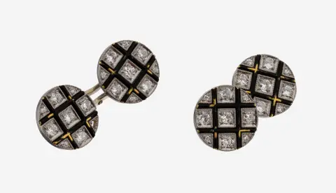 Paar 18 kt gouden diamanten manchetknopen, wit/geelgoud 750/000, rond, geelgouden raster