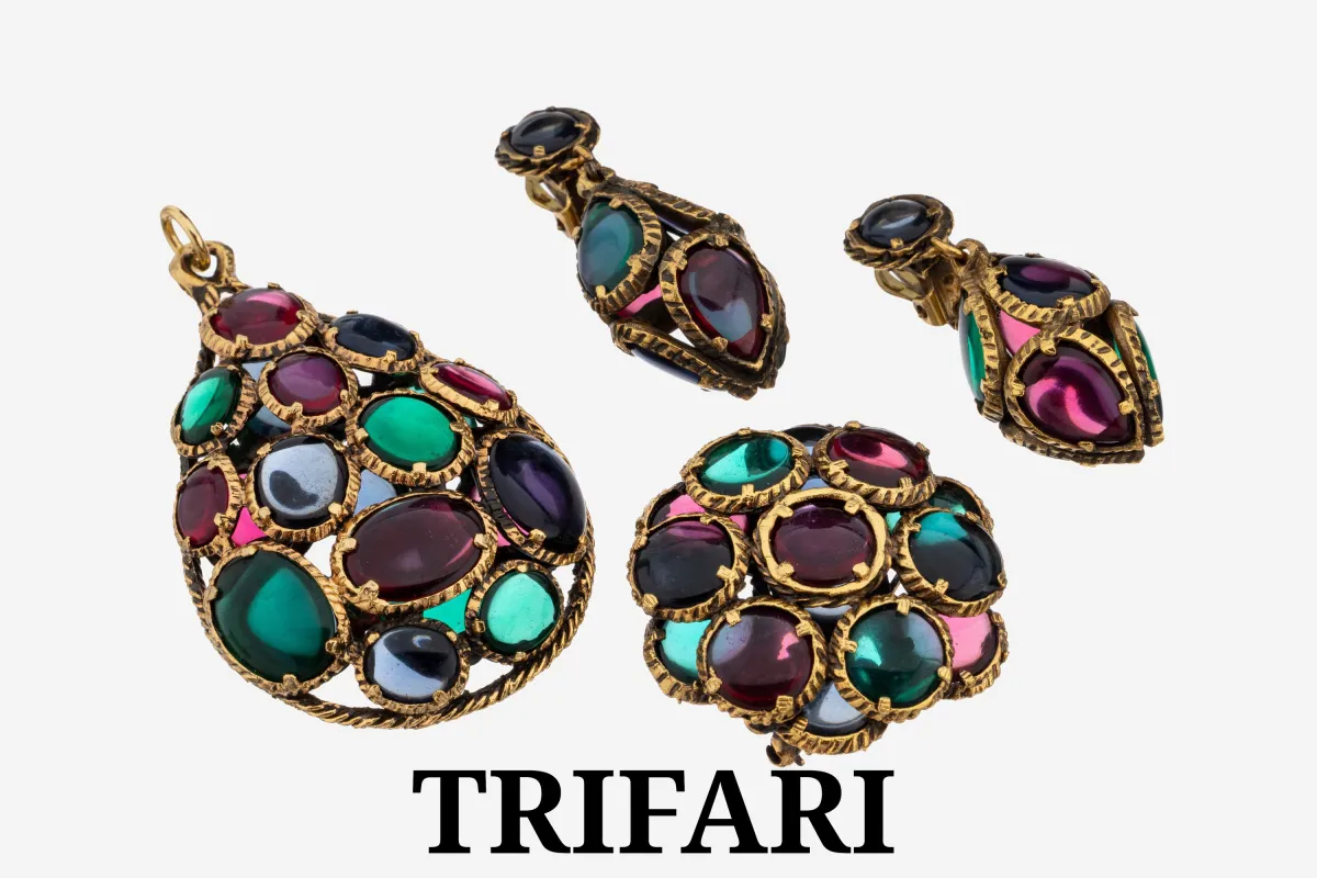 3-piece TRIFARI costume jewellery set, USA 1930s, unsigned, so-called Mogul style