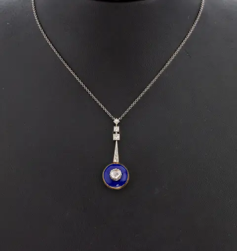 14 kt gouden diamanten collier, circa 1920, geelgoud 585/000 gekeurd, langwerpig middendeel