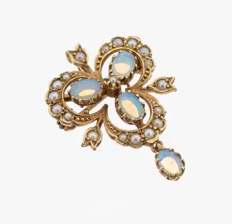 9 kt gouden opaal-parelbroche, Engeland Sheffield 1900-1910, geelgoud 375/000, opengewerkt