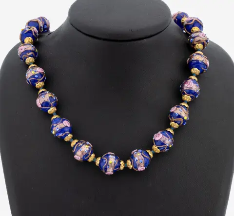 Murano glazen ketting, Italië, jaren 1930, koningsblauwe glazen kralen, diameter ca. 14,5 mm