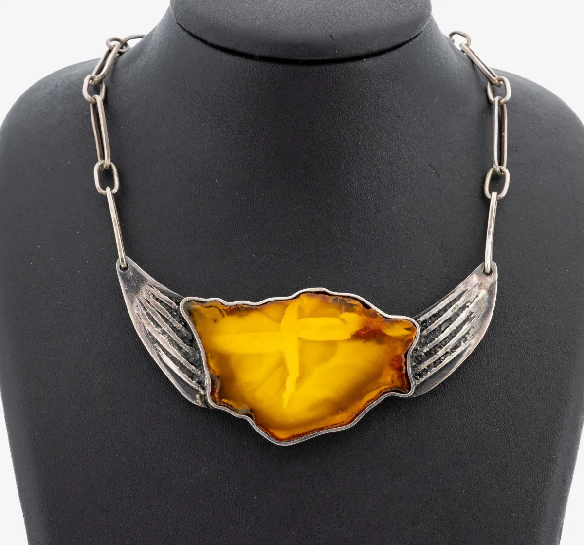 Amber necklace, 1950s, silver hallmarked, center butterscotch amber