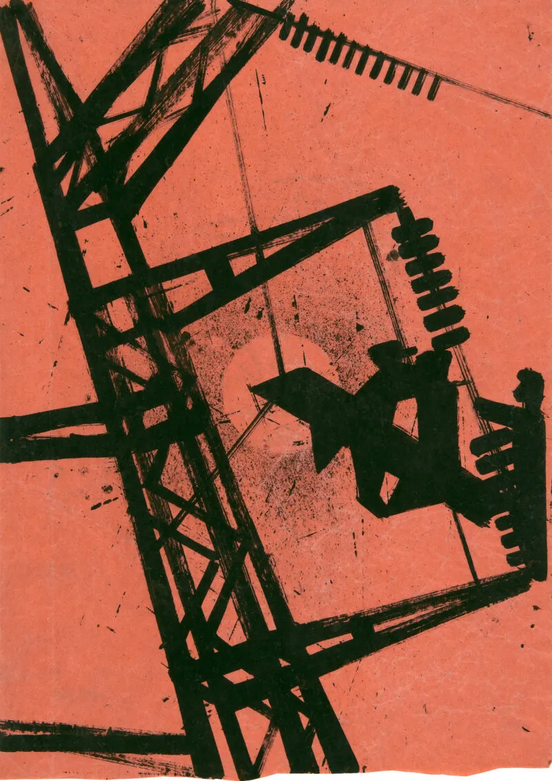 Glöckner, Hermann – Pylône haute tension devant soleil et deux ouvriers