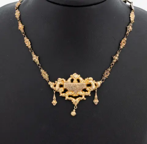 14 kt gouden Biedermeier collier, circa 1860, gekeurd 585/000, hol bewerkt, middendeel