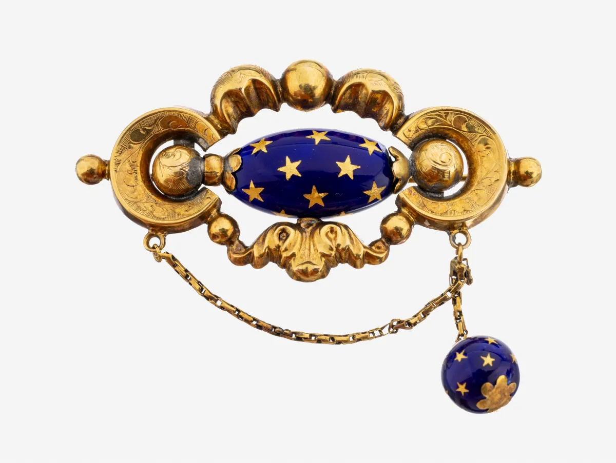 Broche émail Biedermeier en or 14 ct, vers 1850, or jaune 585/000 poinçonné, or mousseux, surface