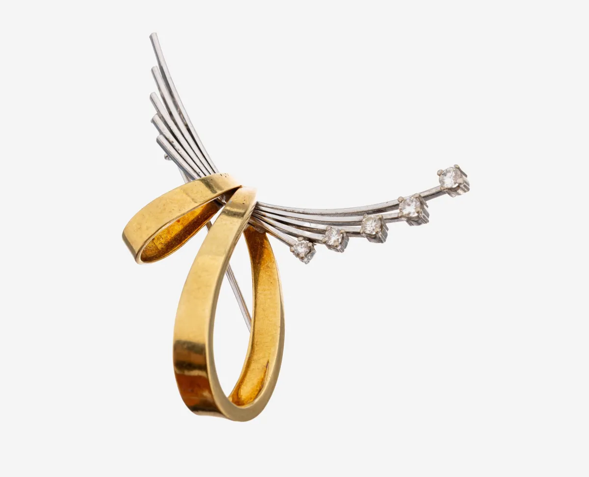 Broche diamants en or 18 ct, années 1950, or jaune/blanc 750/000, 5 diamants total env. 0,27 ct
