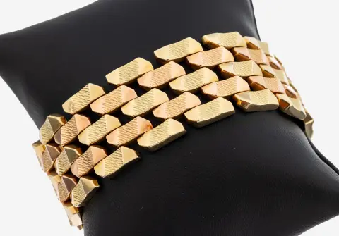 Bracelet en or 14 kt, années 1960, or gris/rose 585/000, aspect brique, maillons partiellement structurés