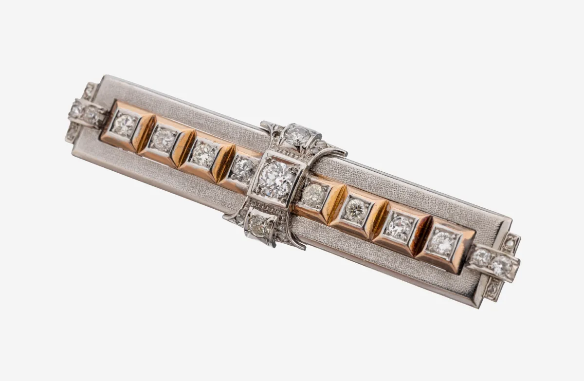 14 kt Gold Diamant-Brosche, 1930er Jahre, WG/RG 585/000, ungewöhnliches geometrisches