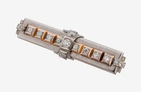 Broche diamant en or 14 kt, années 1930, or blanc/rose 585/000, forme géométrique inhabituelle