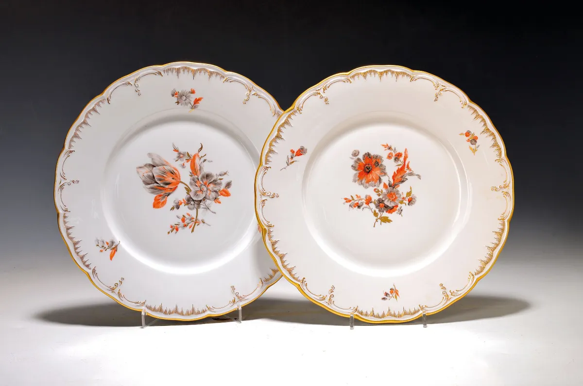 2 plates, KPM Berlin, 20th c., porcelain, relief with fine gold decoration, fine