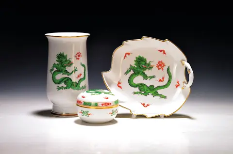3 objets de table dragon Ming vert, Meissen, 20e s., 2e choix, porcelaine, ronds