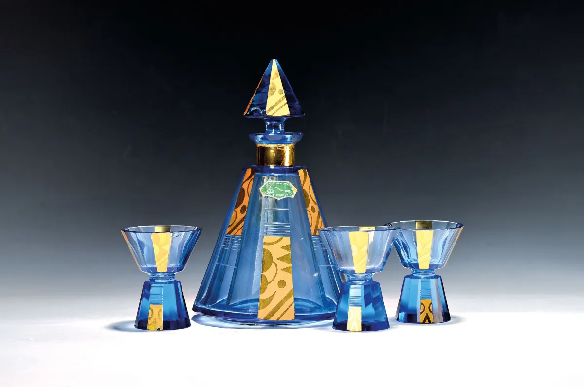 Art-decolikeurset, Emil Eschler, circa 1930, karaf met 6 glazen, blauw