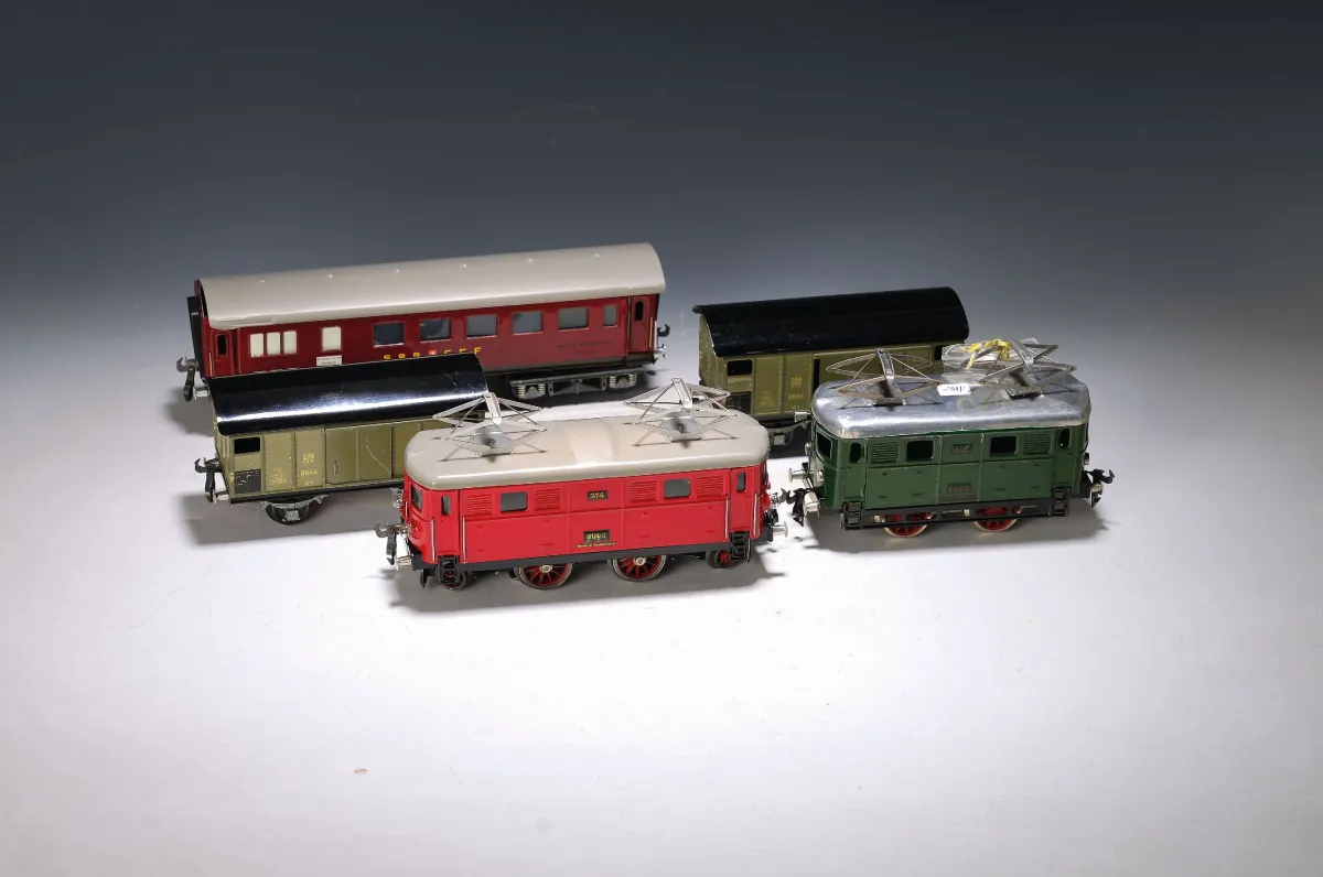 Konvolut Modelleisenbahnen Spur 0, Buco, Schweiz, E-Lok 314 in rot, Bj. um 1953,
