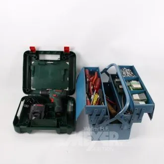 2 cutting tool cases, filled and BOSCH cordless screwdriver