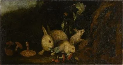Paesaggio con lepri e funghi