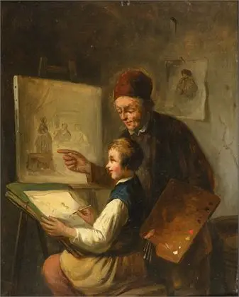 Genrescene med malerelev og kunstner