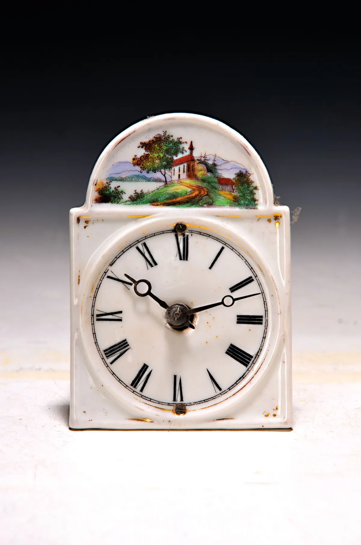 So-called Jockele clock, Black Forest, around 1850, porcelain arch dial on carrying board, hole hands,