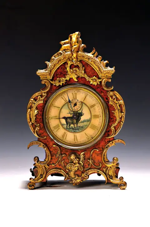 Pendule de table avec sonnerie, vers 1900/10, boîtier en bois, partiellement peint