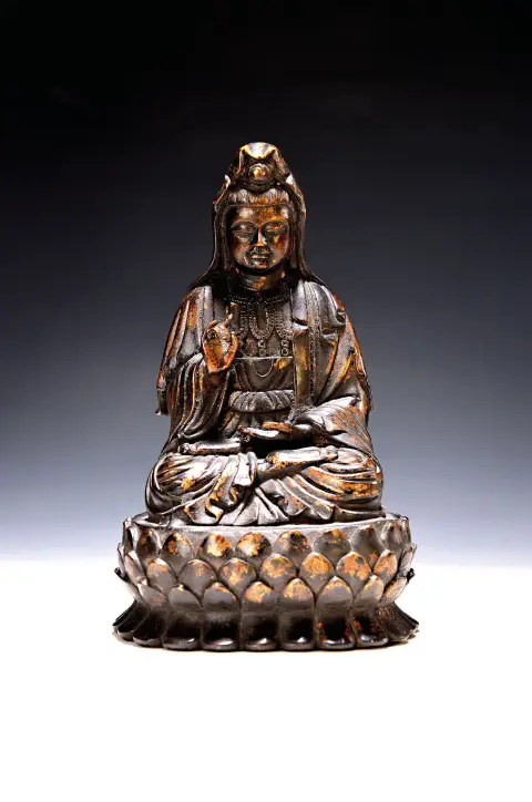 Guanyin, Chine, 20e s., bronze, posture méditative, drapé élégant, Vitarka