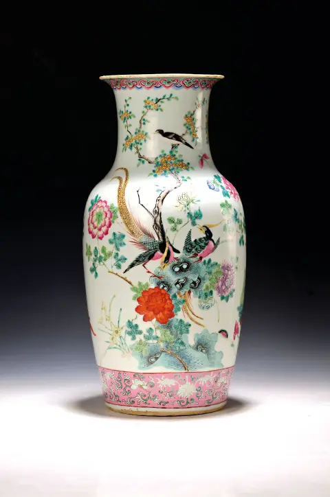 Vase, Chine, vers 1860/70, porcelaine, peinture d'oiseaux, polychrome, peint, intérieur bleu turquoise