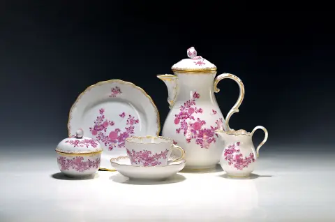 Service à café pour 6 personnes, Meissen, 20e s., 1er choix, Fleurs indiennes en relief doré,