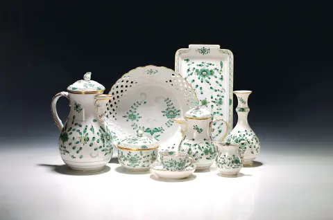 Service à moka/café 30 pièces, peinture indienne en vert, Meissen, 20e s., quelques pièces 2