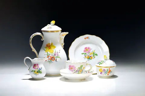 Service à café pour 4 personnes, peinture bouquet floral, Meissen, après 1945, 1er choix