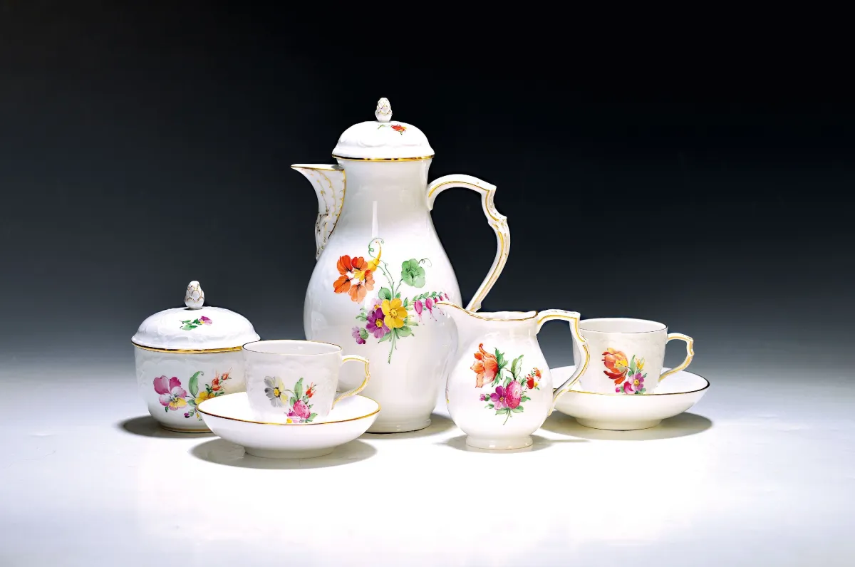 Mocha service with flowers and insects, KPM, Berlin, 1960s-90s, porcelain
